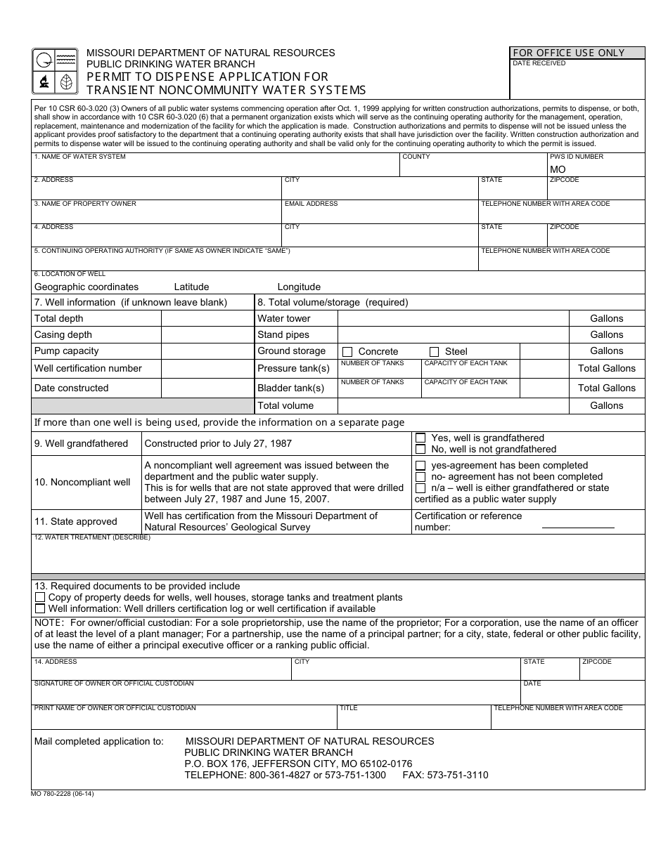 Form MO780-2228 Permit to Dispense Application for Transient Noncommunity Water Systems - Missouri, Page 1