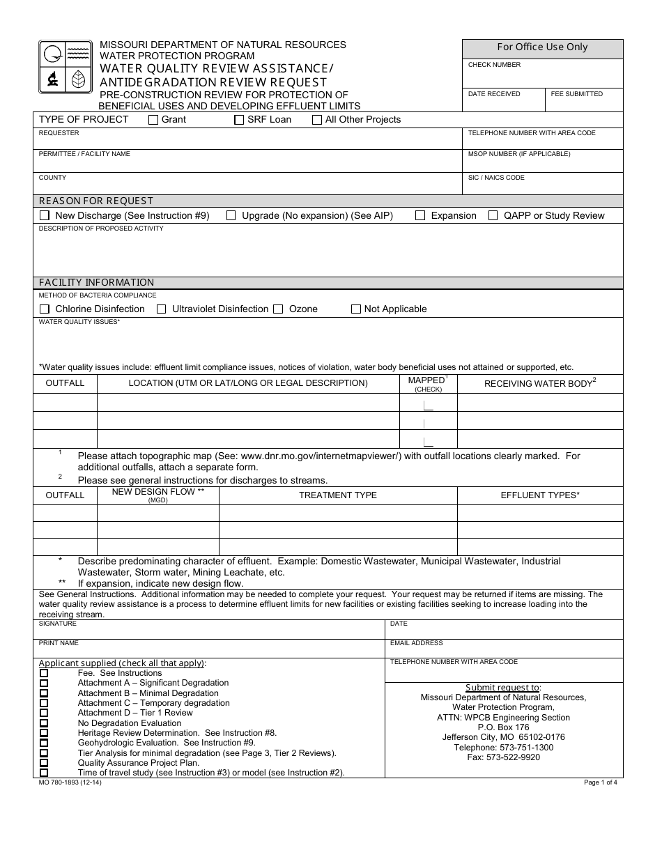 Form MO780-1893 Water Quality Review Assistance / Antidegradation Review Request - Missouri, Page 1