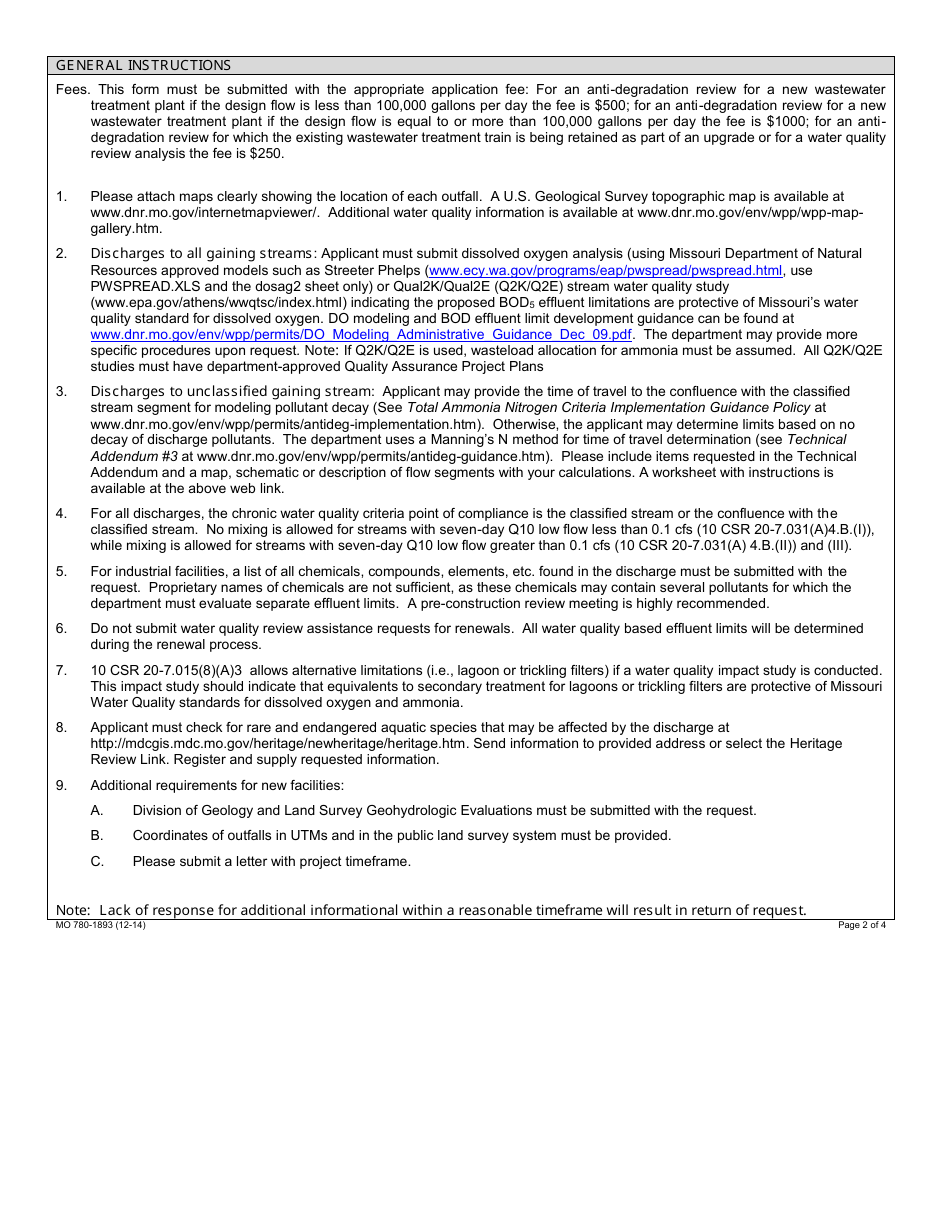 Form MO780-1893 Water Quality Review Assistance / Antidegradation Review Request - Missouri, Page 2