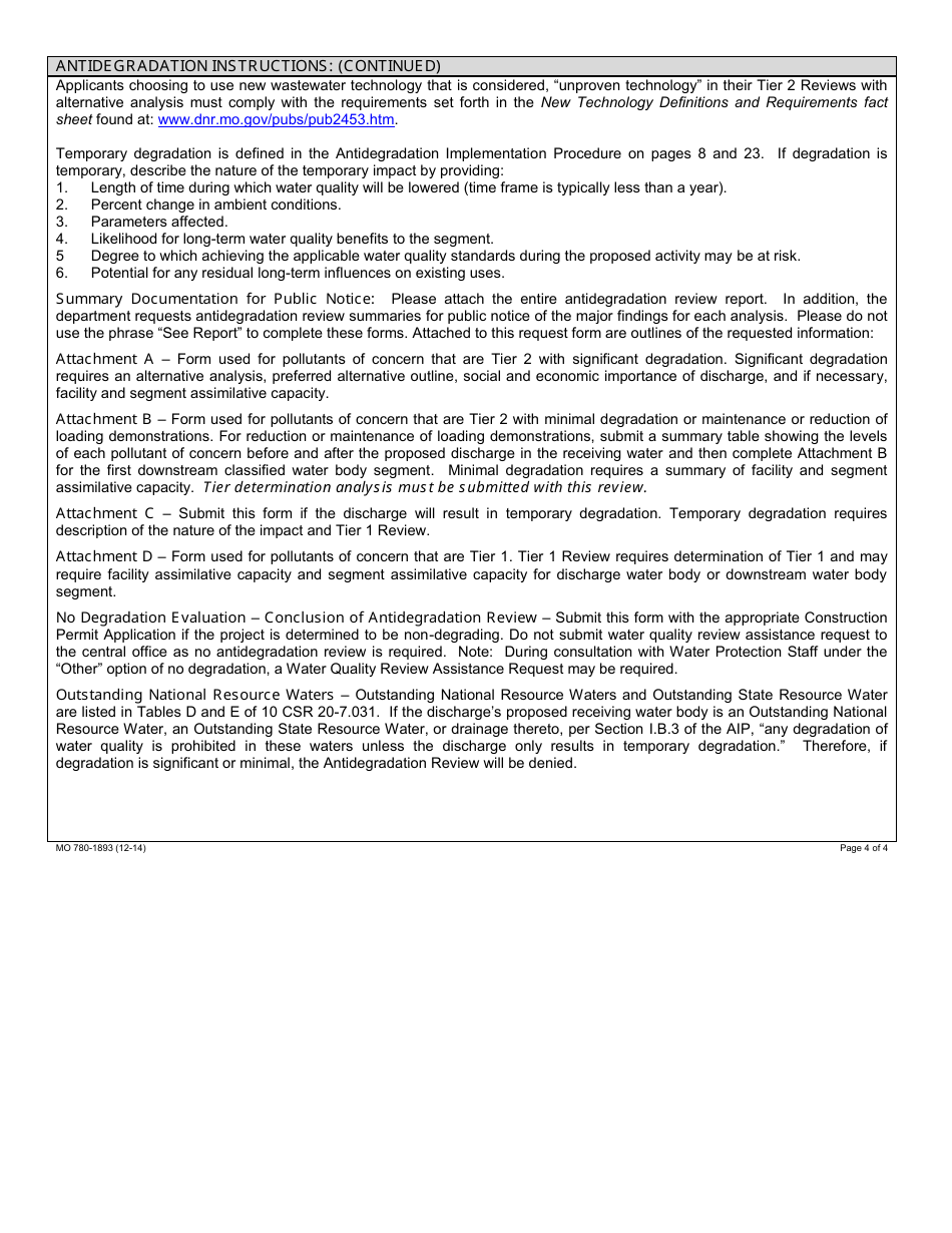 Form MO780-1893 Water Quality Review Assistance / Antidegradation Review Request - Missouri, Page 4