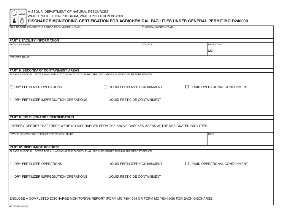 Form MO780-1723 Discharge Monitoring Certification for Agrichemical Facilities Under General Permit Mo-R240000 - Missouri, Page 1