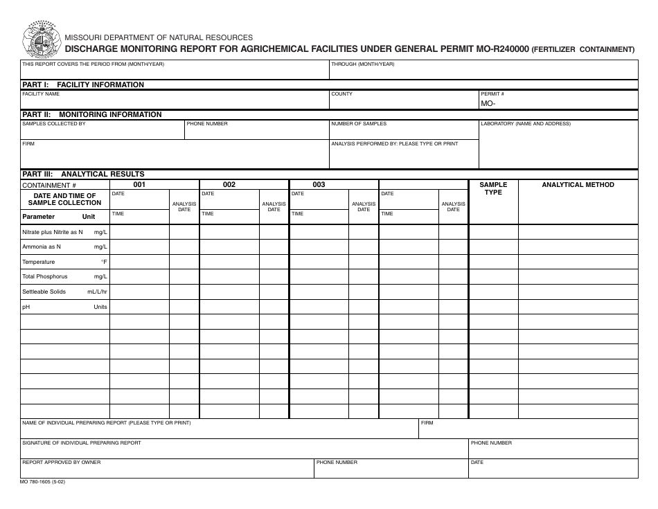 Form MO780-1605 Discharge Monitoring Report for Agrichemical Facilities Under General Permit Mo-R240000 (Fertilizer Containment) - Missouri, Page 1