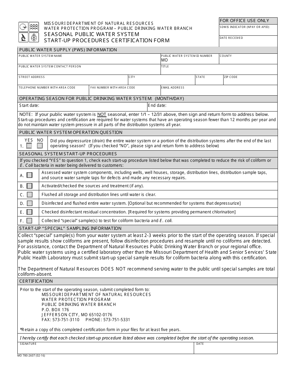 Form MO780-2607 Seasonal Public Water System Start-Up Procedures Certification Form - Missouri, Page 1