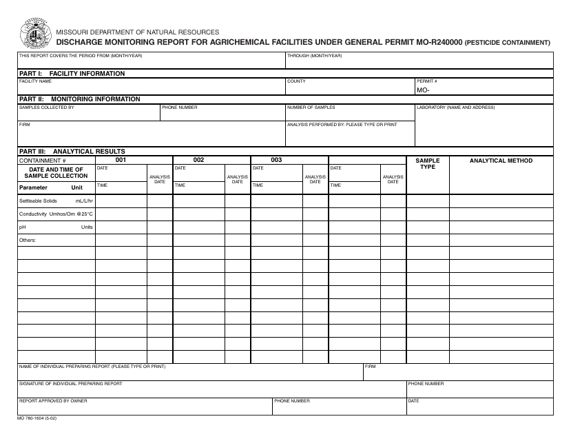 Form MO780-1604 Discharge Monitoring Report for Agrichemical Facilities Under General Permit Mo-R240000 (Pesticide Containment) - Missouri