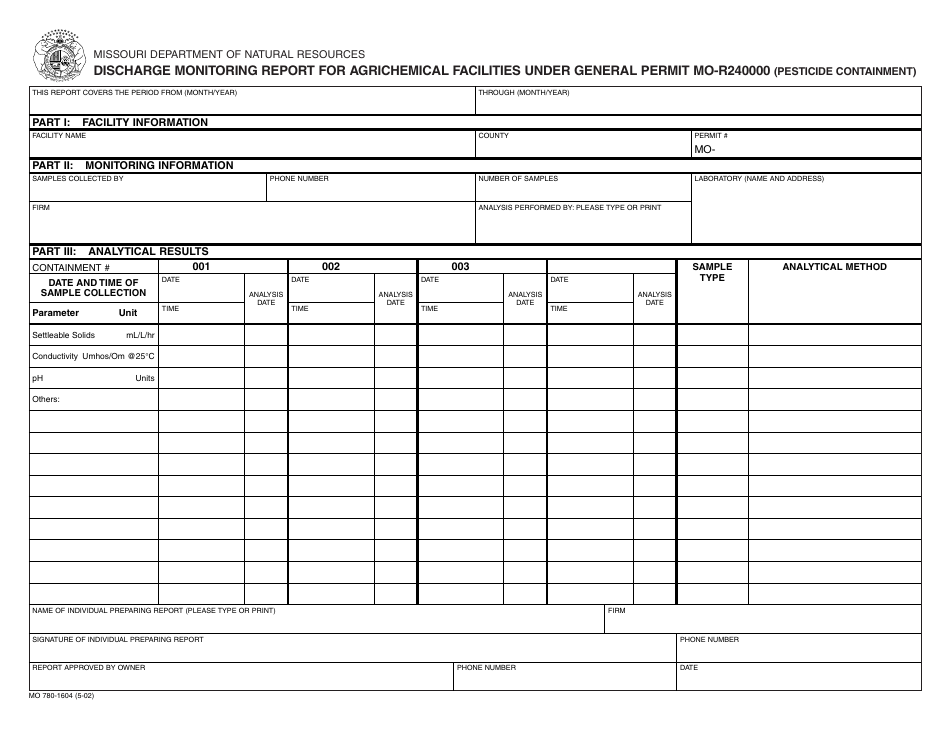 Form MO780-1604 Discharge Monitoring Report for Agrichemical Facilities Under General Permit Mo-R240000 (Pesticide Containment) - Missouri, Page 1