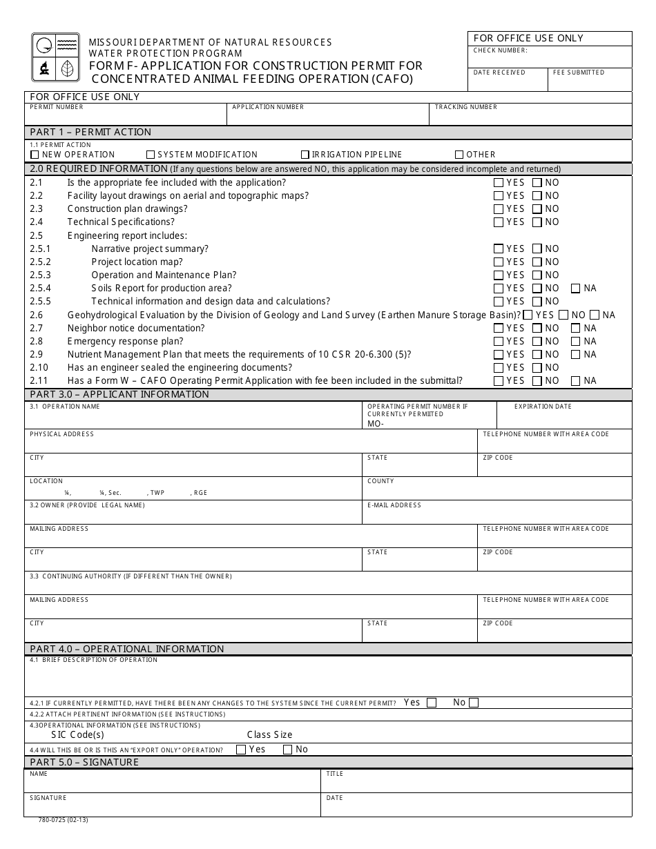 Form MO780-0725 (F) Application for Approval or Permit for Concentrated Animal Feeding Operation (Cafo) - Missouri, Page 1