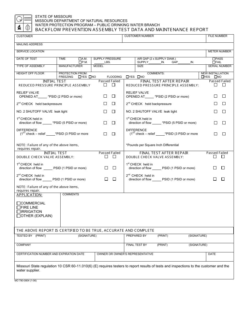 Form MO780-0804 Backflow Prevention Assembly Test Data and Maintenance Report - Missouri, Page 1