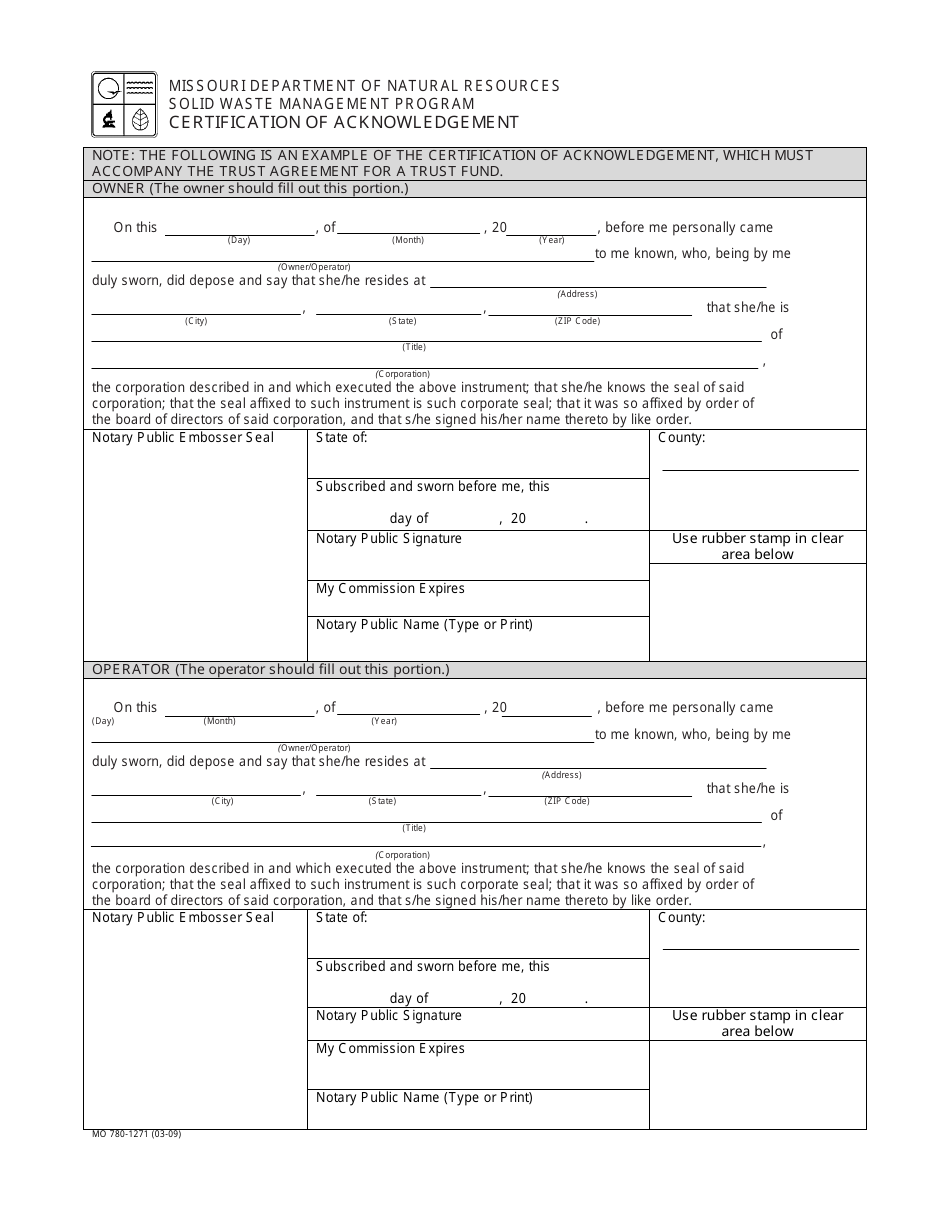 Form MO780-1721 Certificate of Acknowledgement - Missouri, Page 1