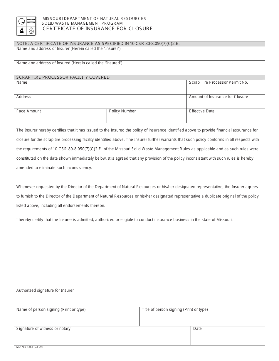 Form MO780-1268 Certificate of Insurance for Closure Application - Missouri, Page 1