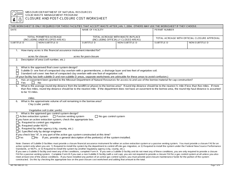 Form MO780-1882 Closure and Post-closure Cost Worksheet - Missouri, Page 1