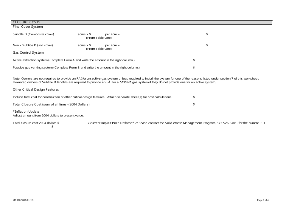 Form MO780-1882 Closure and Post-closure Cost Worksheet - Missouri, Page 3
