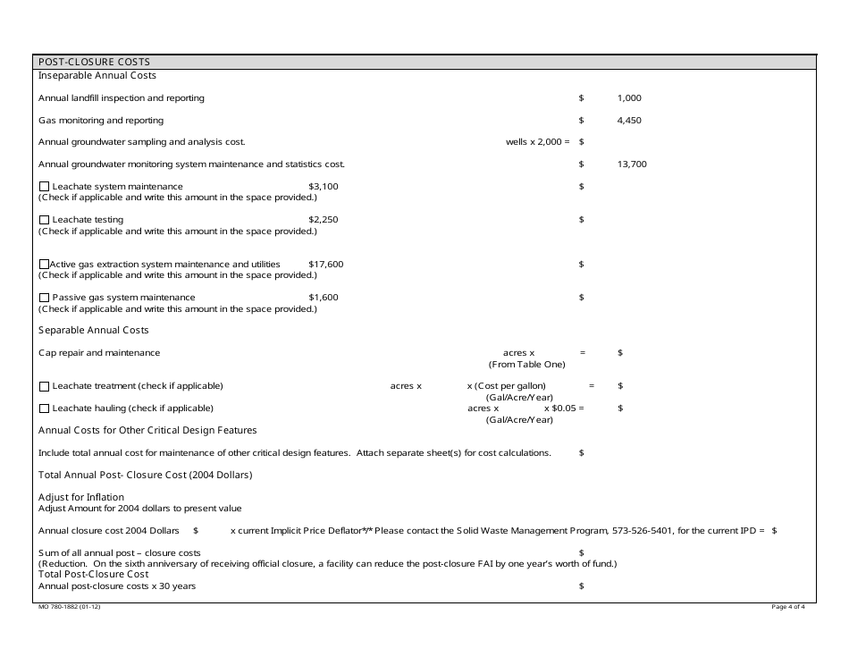 Form MO780-1882 Closure and Post-closure Cost Worksheet - Missouri, Page 4