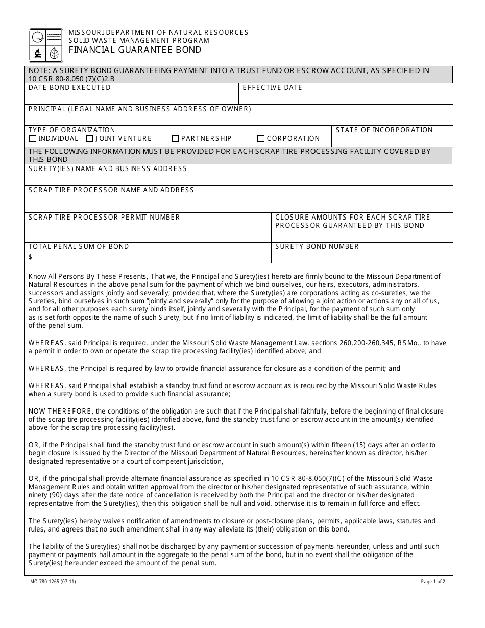 Form MO780-1265 Financial Guarantee Bond - Missouri, Page 1