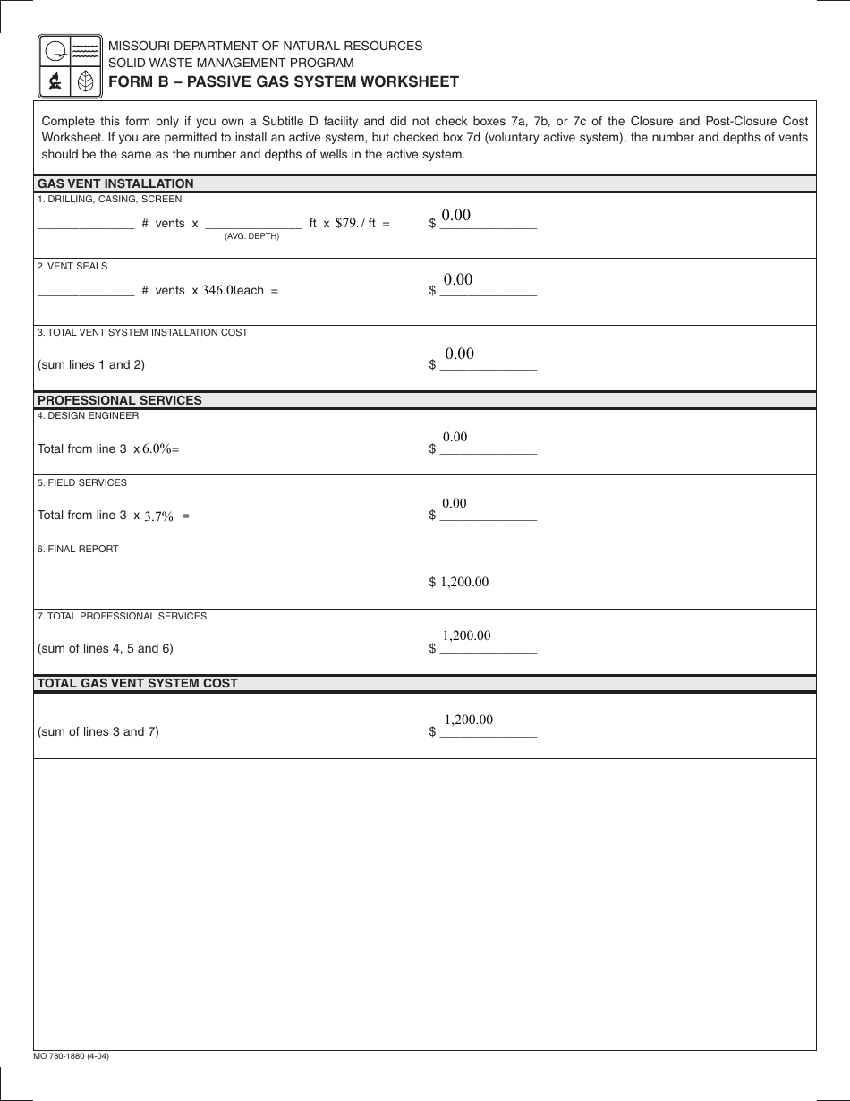 Form B (MO780-1880) Passive Gas System Worksheet - Missouri, Page 1