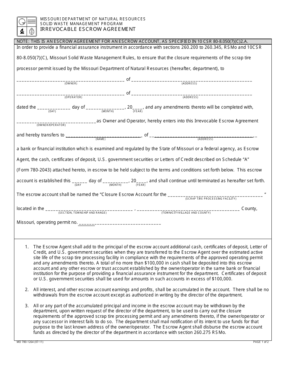 Form MO780-1264 Irrevocable Escrow Agreement - Missouri, Page 1