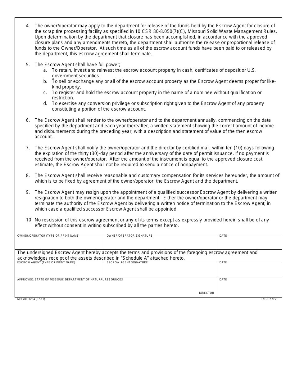 Form MO780-1264 Irrevocable Escrow Agreement - Missouri, Page 2