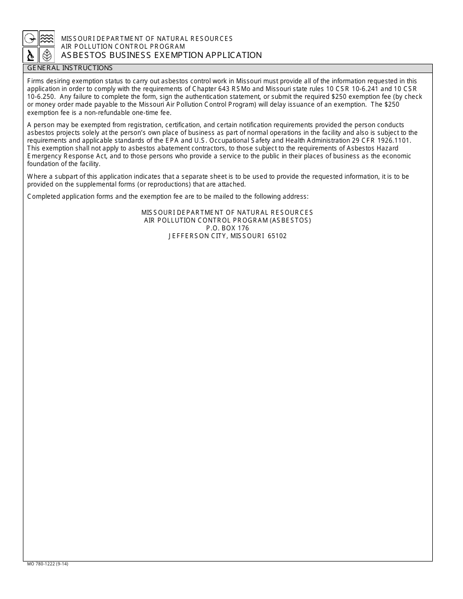 Form MO780-1222 Asbestos Business Exemption Application - Missouri, Page 1