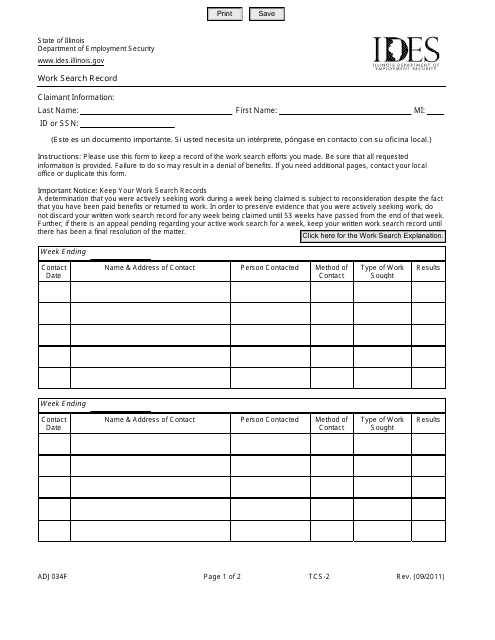 Form ADJ034F Work Search Record - Illinois