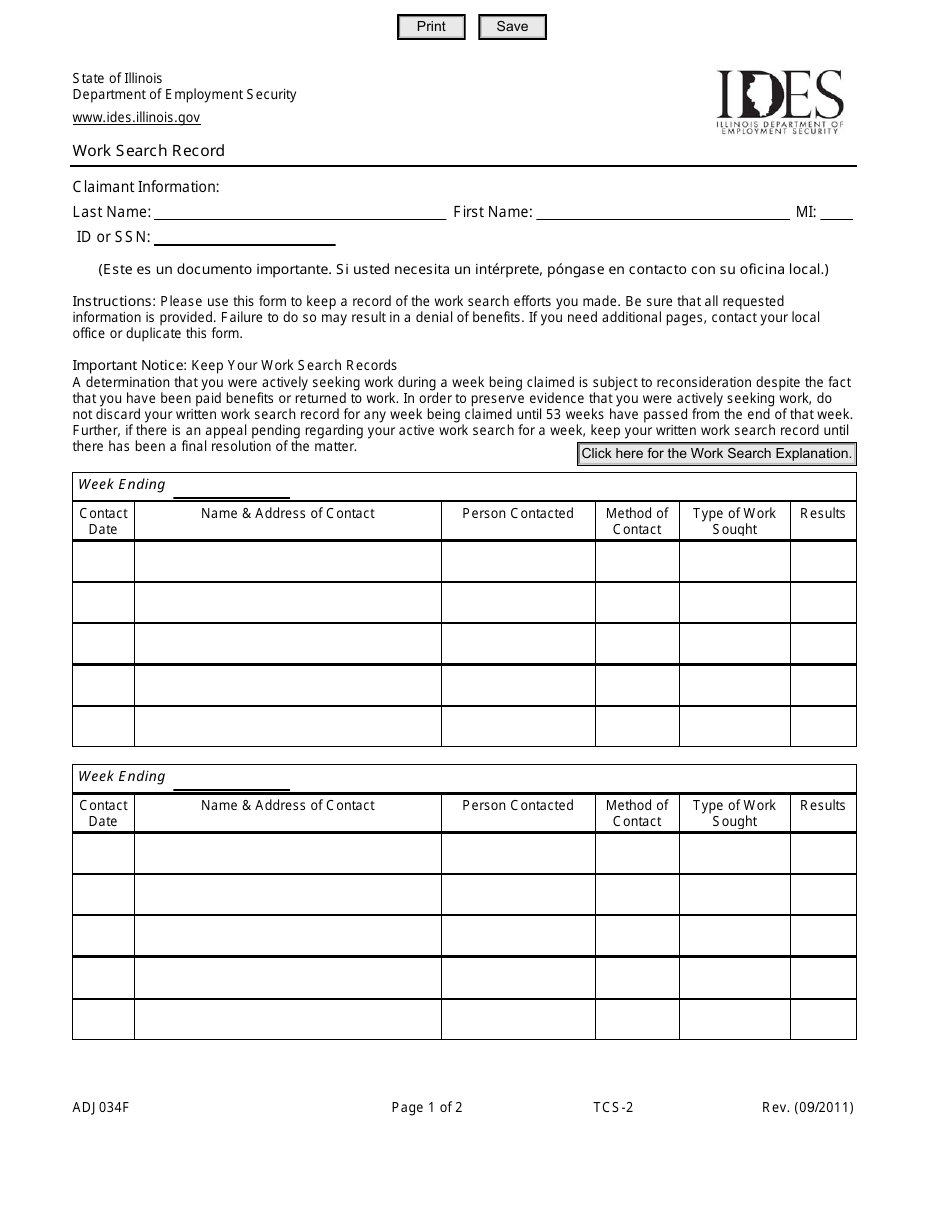 Form ADJ034F Work Search Record - Illinois, Page 1