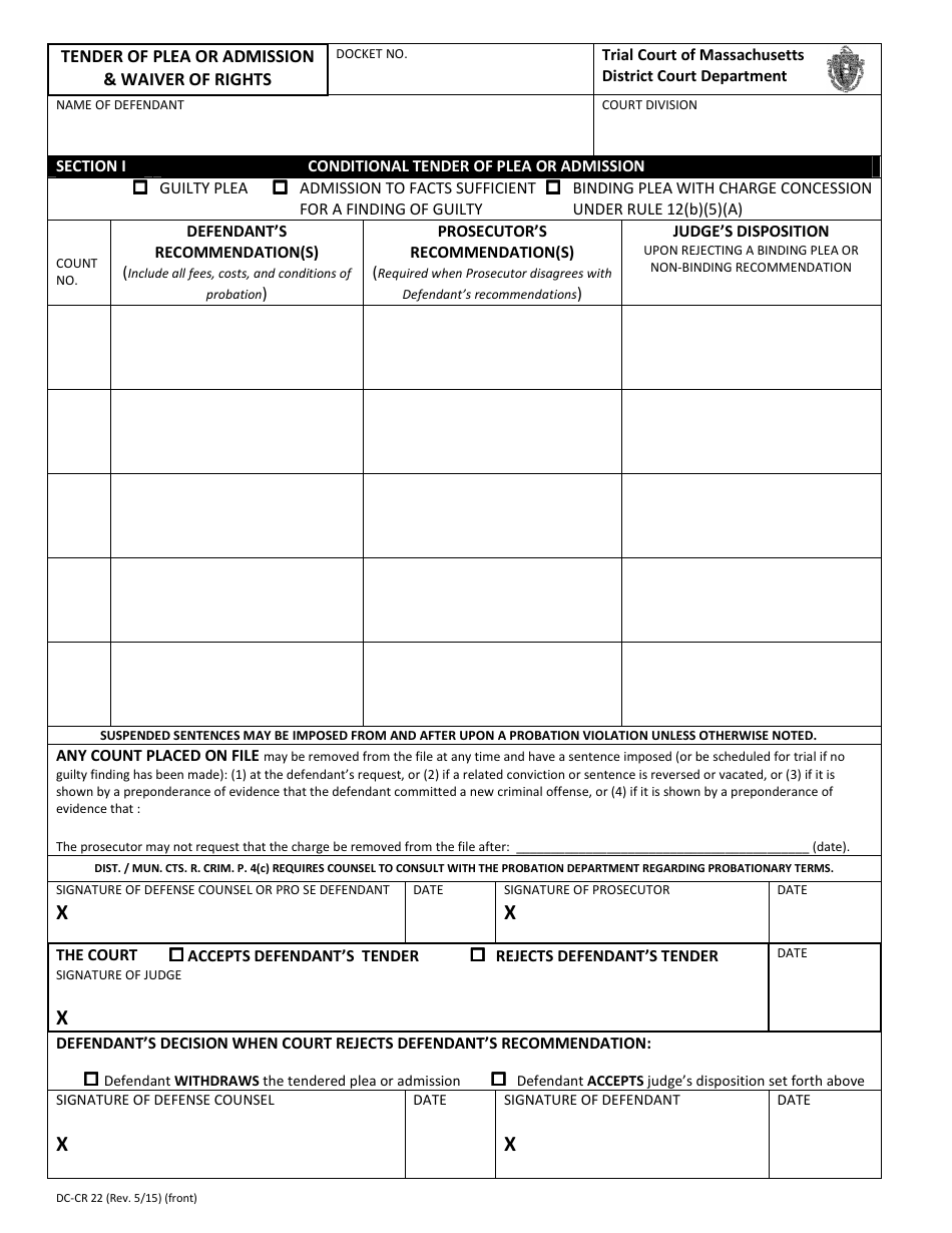 Form DC-CR22 Tender of Plea or Admission  Waiver of Rights - Massachusetts, Page 1