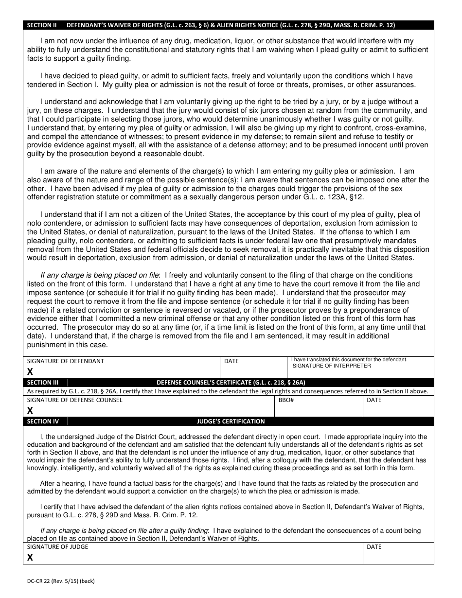 Form DC-CR22 Tender of Plea or Admission  Waiver of Rights - Massachusetts, Page 2