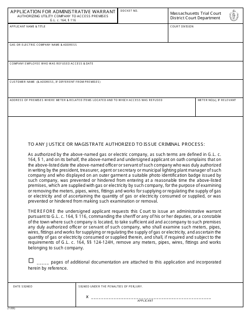 Application for Administrative Warrant Authorizing Utility Company to Access Premises - Massachusetts Download Pdf