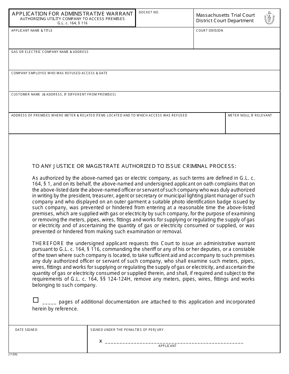 Application for Administrative Warrant Authorizing Utility Company to Access Premises - Massachusetts, Page 1