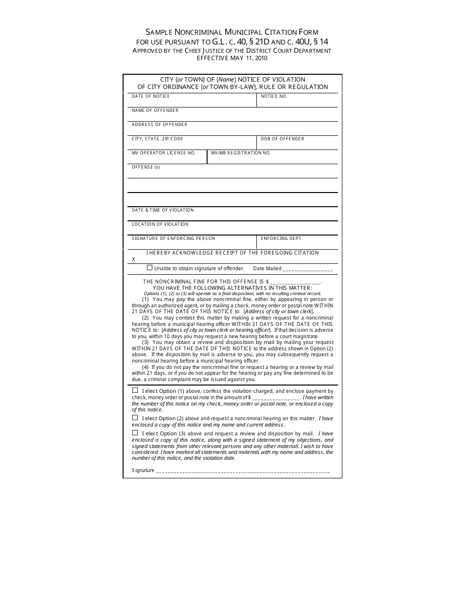 Sample Noncriminal Municipal Citation Form for Use Pursuant to G.l. C. 40, 21d and C. 40u, 14 - Massachusetts, Page 1
