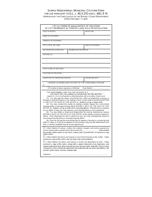 Sample Noncriminal Municipal Citation Form for Use Pursuant to G.l. C. 40, 21d and C. 40u, 14 - Massachusetts Download Pdf