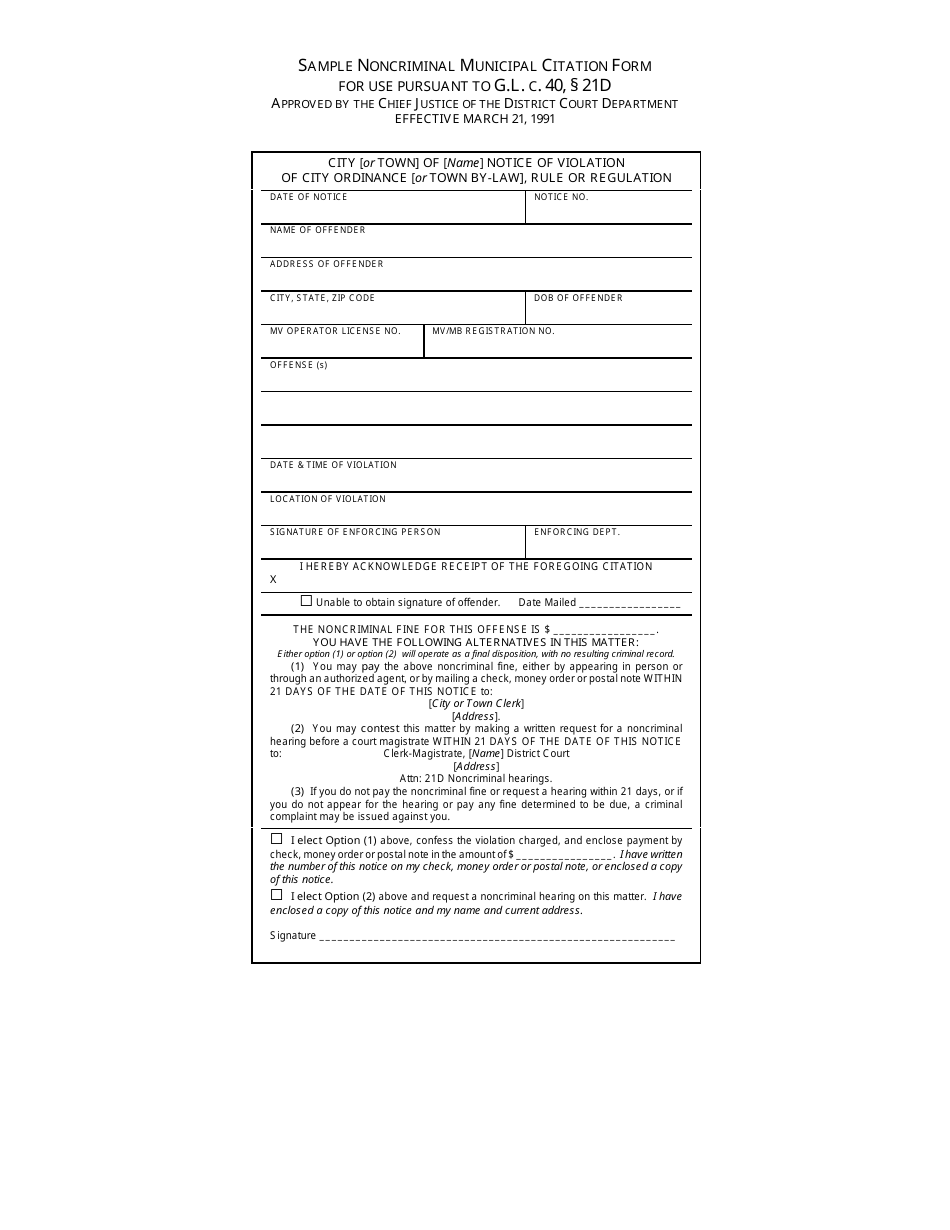 Sample Noncriminal Municipal Citation Form for Use Pursuant to G.l. C. 40, 21d - Massachusetts, Page 1