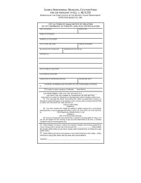 Sample Noncriminal Municipal Citation Form for Use Pursuant to G.l. C. 40, 21d - Massachusetts