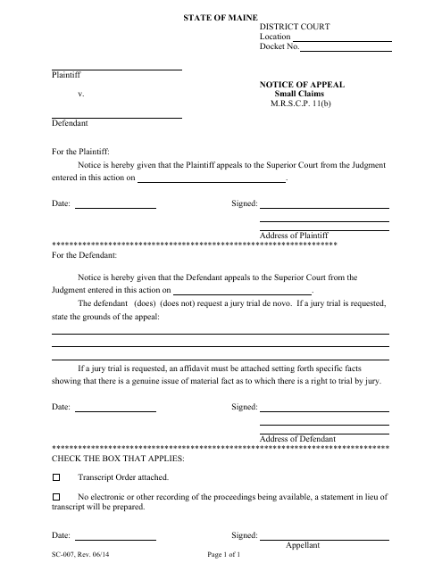 Form SC-007 Notice of Appeal - Maine