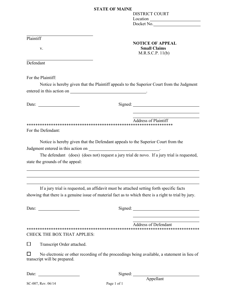 Form SC-007 Notice of Appeal - Maine, Page 1