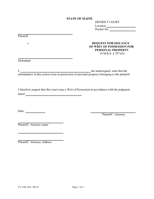 Form CV-188 Request for Issuance of Writ of Possession for Personal Property - Maine