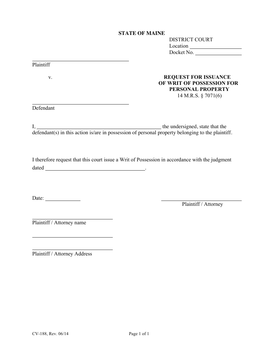 Form CV-188 Request for Issuance of Writ of Possession for Personal Property - Maine, Page 1