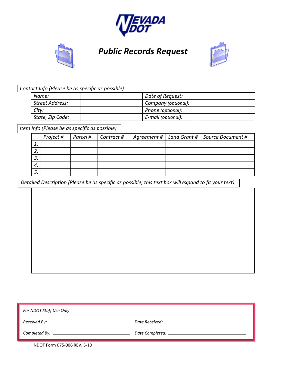 NDOT Form 075-006 Public Records Request - Nevada, Page 1