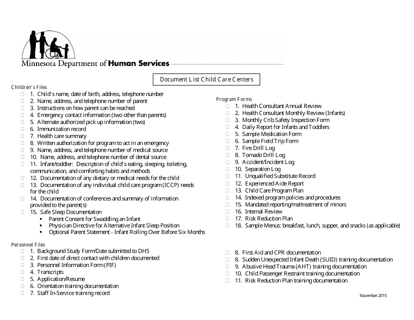 Document List Child Care Centers - Minnesota Download Pdf