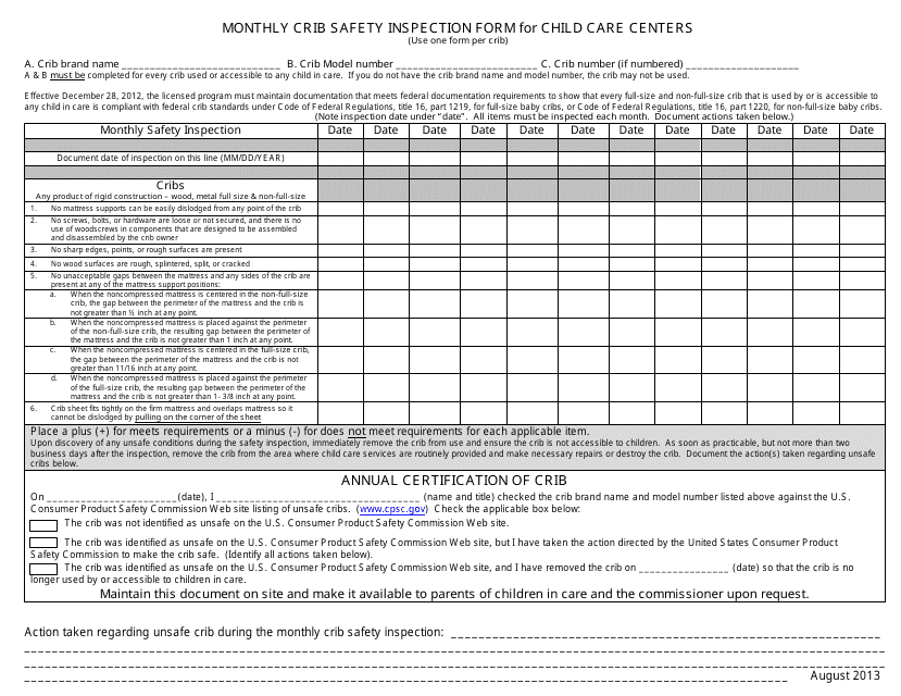 Monthly Crib Safety Inspection Form for Child Care Centers - Minnesota Download Pdf