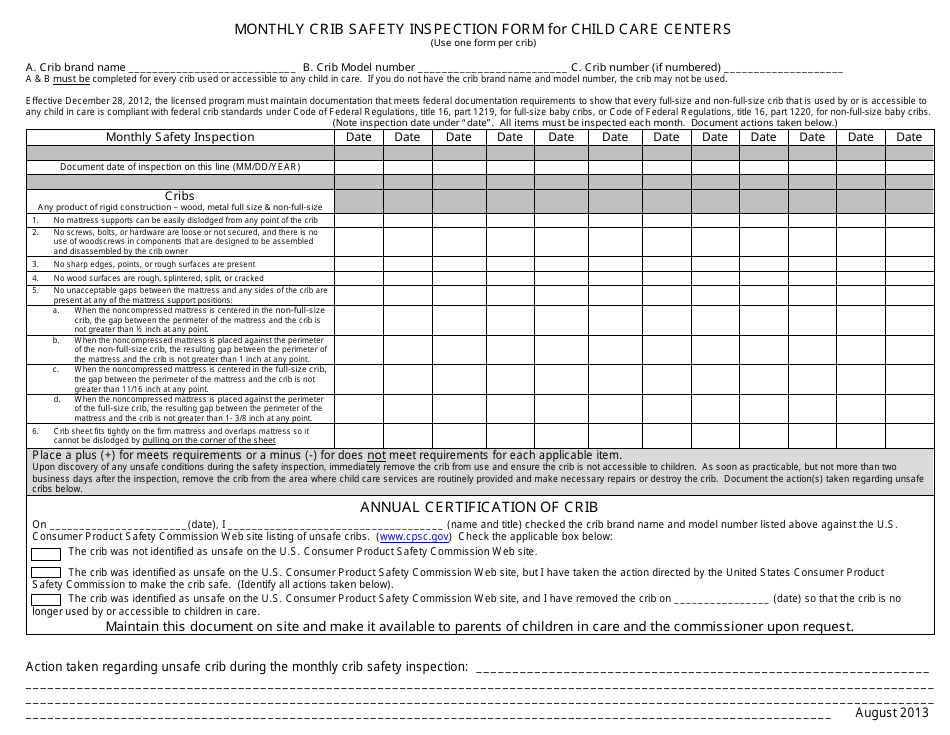 Monthly Crib Safety Inspection Form for Child Care Centers - Minnesota, Page 1