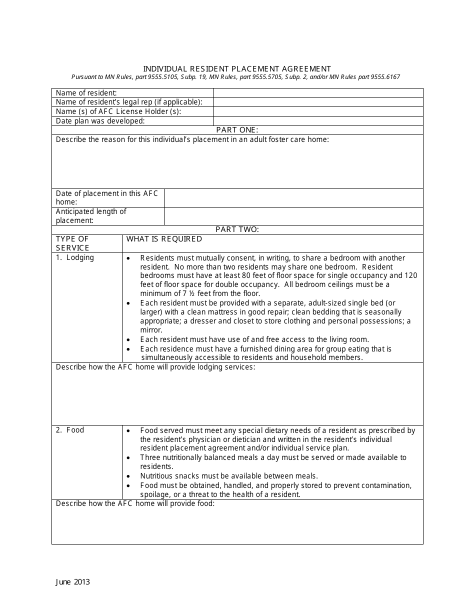 Individual Resident Placement Agreement - Minnesota, Page 1