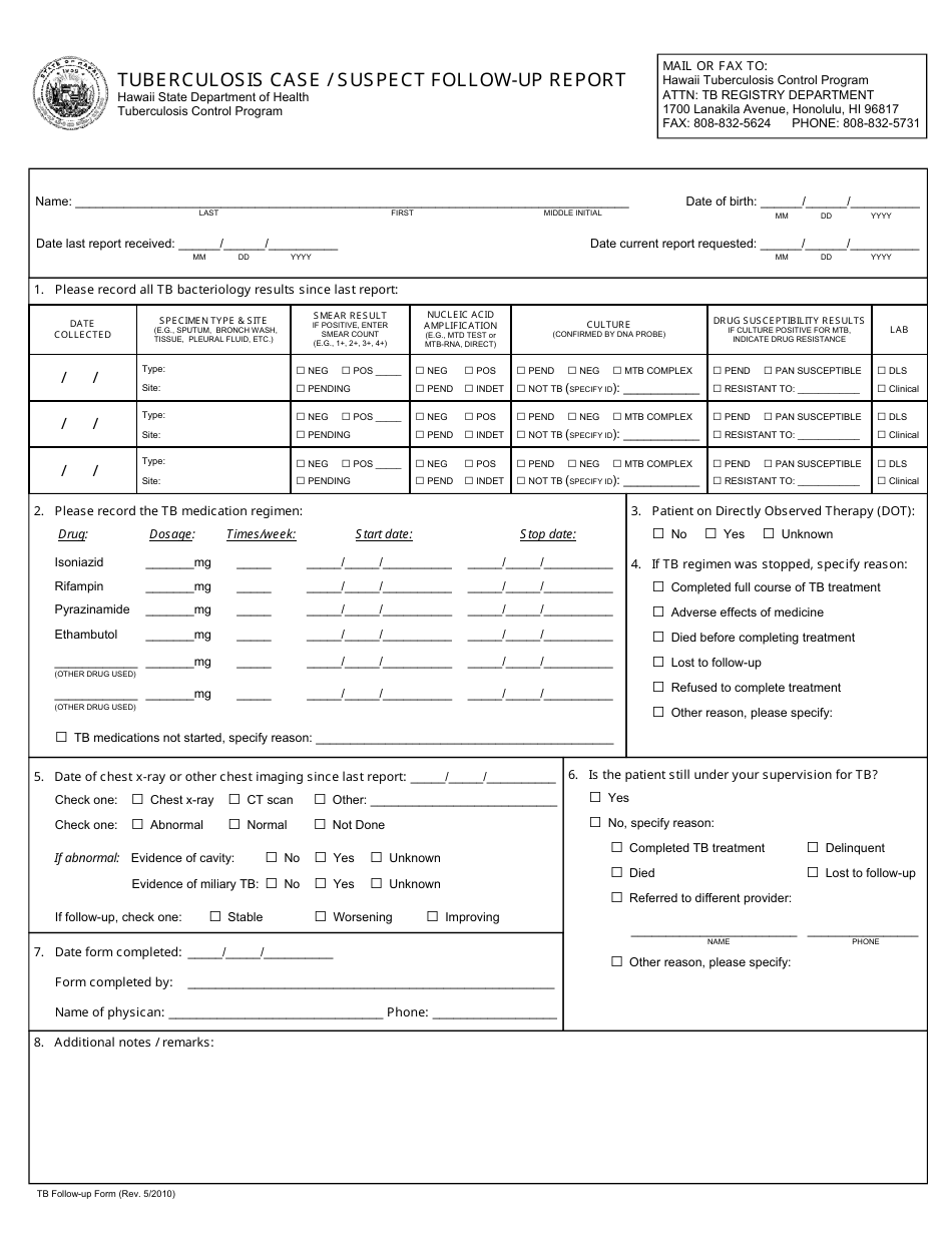 Tuberculosis Case / Suspect Follow-Up Report - Hawaii, Page 1