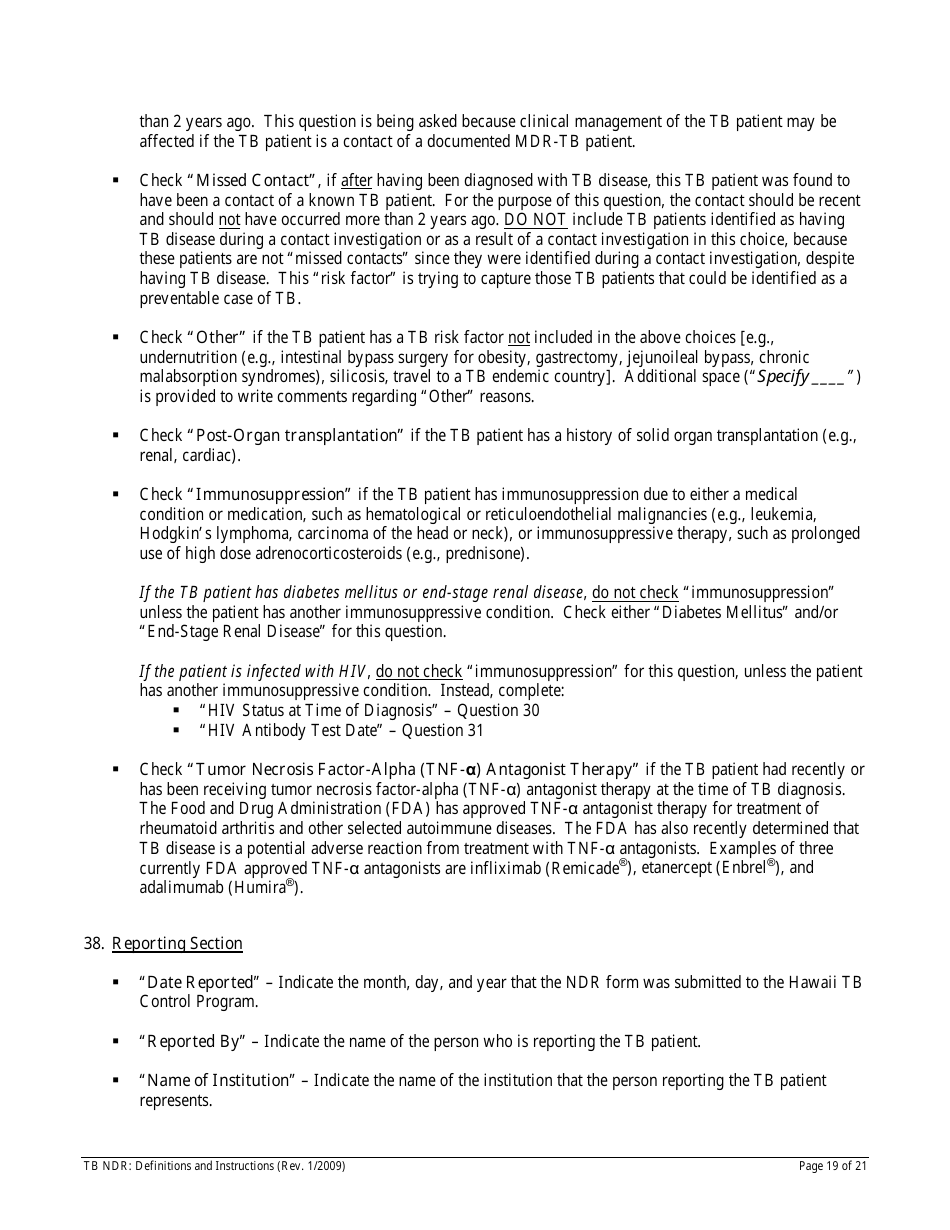 Instructions for Form TB NDR Notifiable Disease Report for Tuberculosis - Hawaii, Page 19