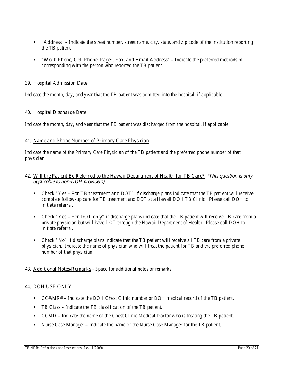Instructions for Form TB NDR Notifiable Disease Report for Tuberculosis - Hawaii, Page 20