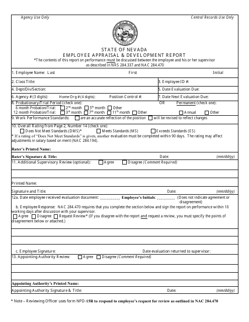 Form NPD-15 Employee Appraisal & Development Report - Nevada