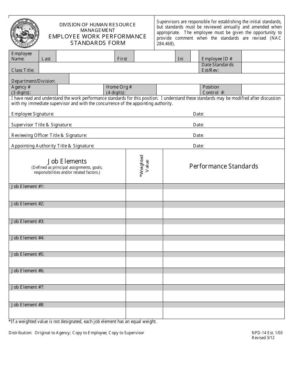 Form NPD-14 Employee Work Performance Standards Form - Nevada, Page 1