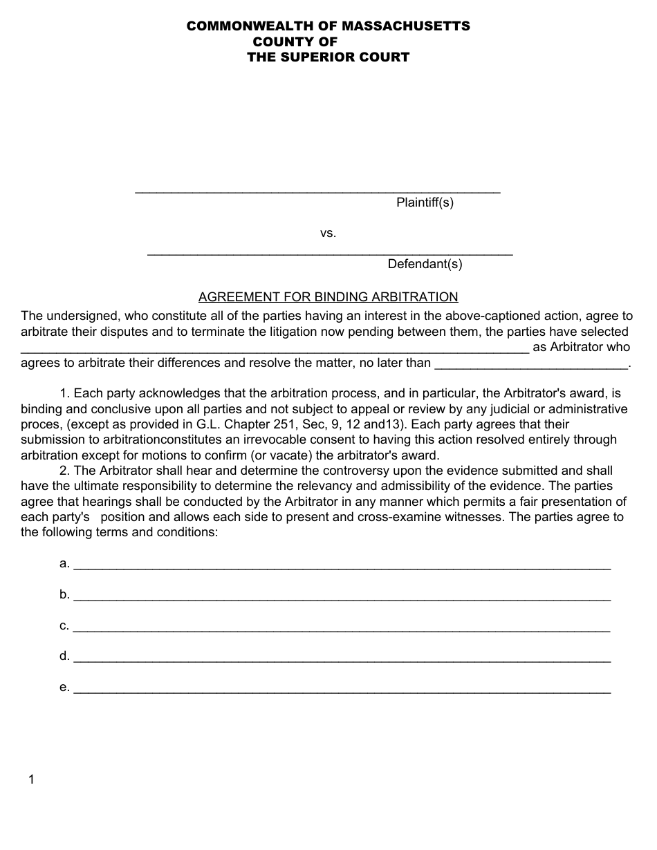 Agreement for Binding Arbitration - Massachusetts, Page 1