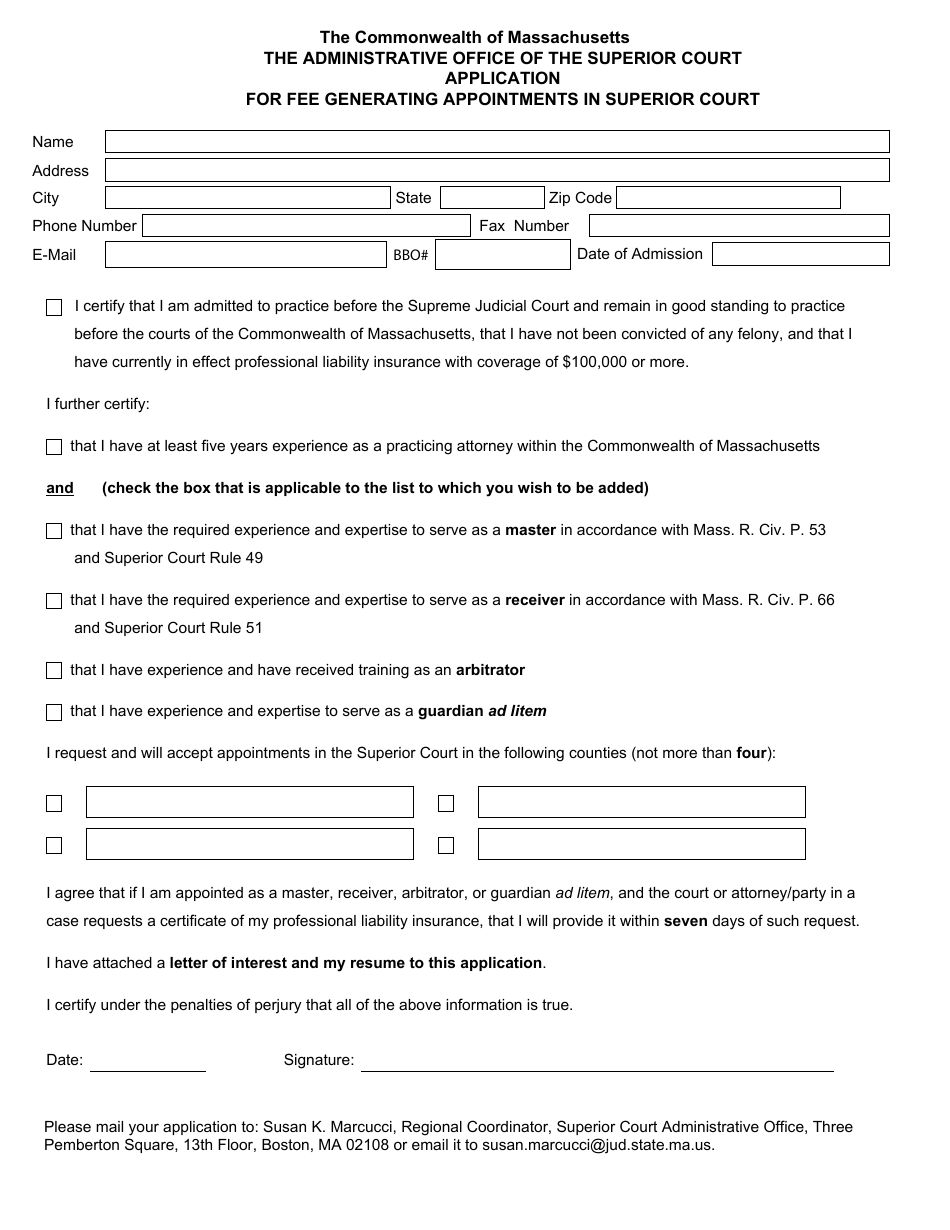 Application for Fee Generating Appointments in Superior Court - Massachusetts, Page 1