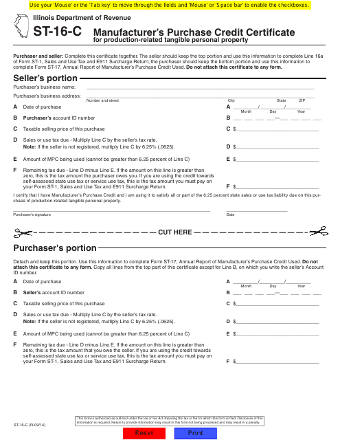 Form ST-16-C Manufacturer's Purchase Credit Certificate for Production-Related Tangible Personal Property - Illinois