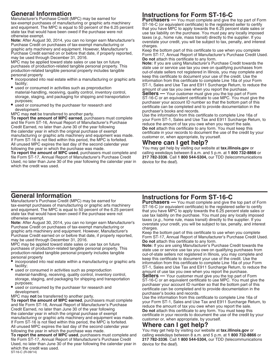 Form ST-16-C Manufacturers Purchase Credit Certificate for Production-Related Tangible Personal Property - Illinois, Page 2