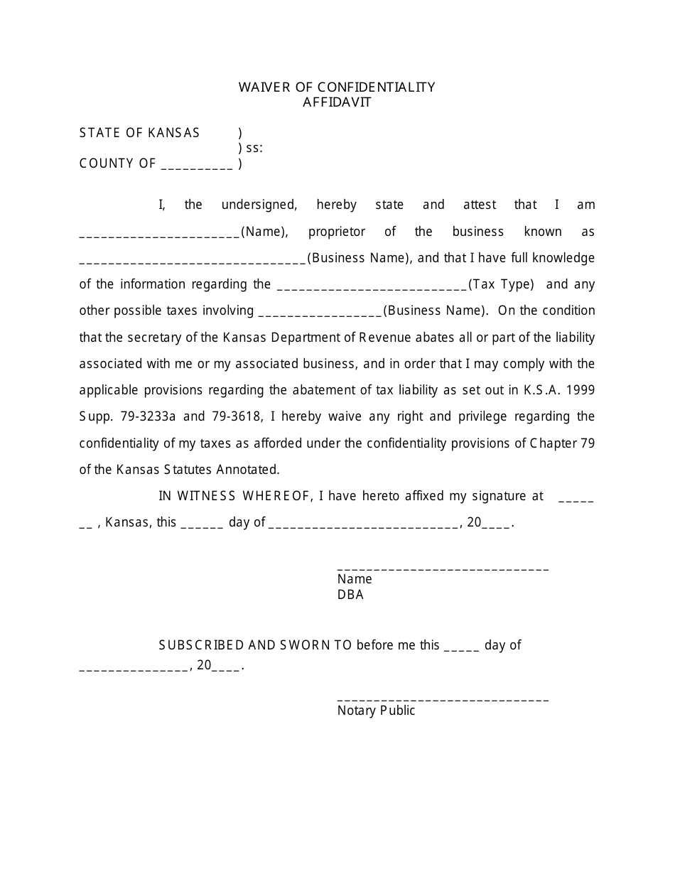 Waiver of Confidentiality Affidavit - Kansas, Page 1